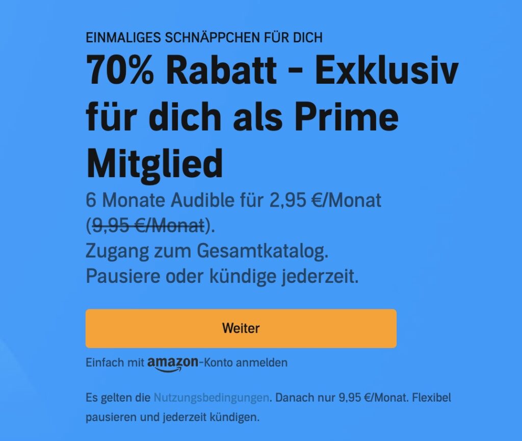 Prime Mitglieder: 6 Monate Audible für 17,70€ (2,95€/Monat) statt 59,70€ – Amazon Prime Day Angebot