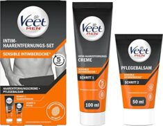 Veet Men Intim-Haarentfernungs-Set für Männer – 100 ml Enthaarungscreme für den Intimbereich mit Spatel & 50 ml Pflegebalsam