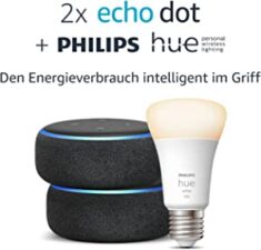 Das Smart-Home-Set- 2 x Echo Dot (3. Gen.), Anthrazit Stoff + Philips Hue White Smart Bulb (E27)