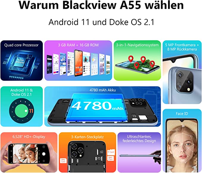 Blackview A55 günstiges Smartphone ohne Vertrag: 4G, Android 11, 6.5 Zoll HD Display, Dual SIM 5 71PYuMWQCaL. AC SX679