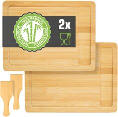 DuneDesign Alleskönner mit Auffangschale- 2er Set Schneidebrett Bambus – 30×22