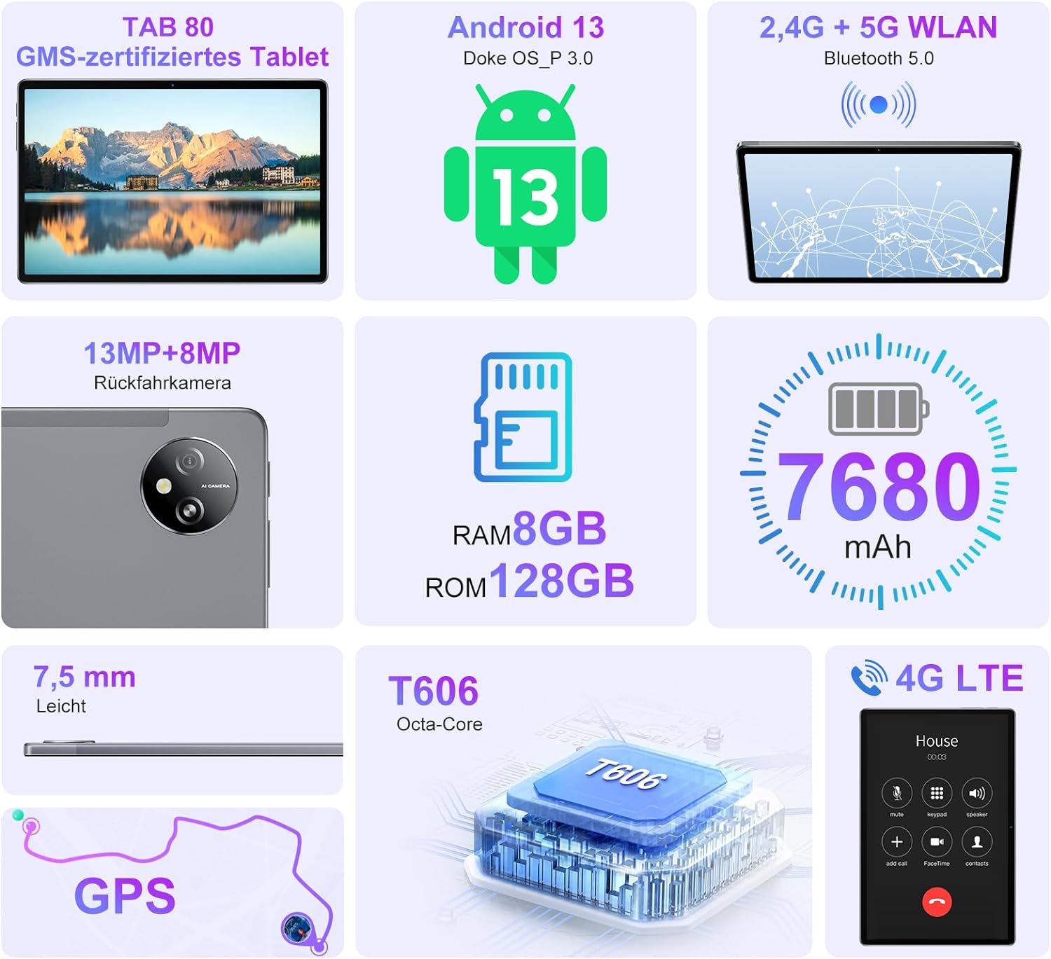 Blackview Tab80 Tablet 10 Zoll Android 13 Tablet 4G LTE 5G WiFi 8GB RAM 128GB ROM