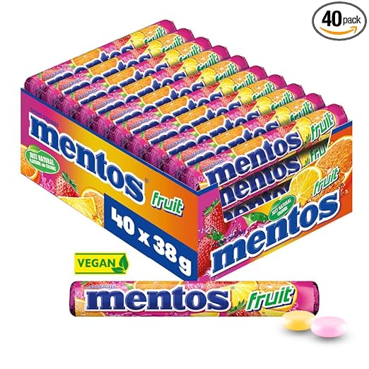 Mentos Fruit Dragees, 40 Rollen, Frucht-Geschmack mit Orange + Zitrone + Erdbeere
