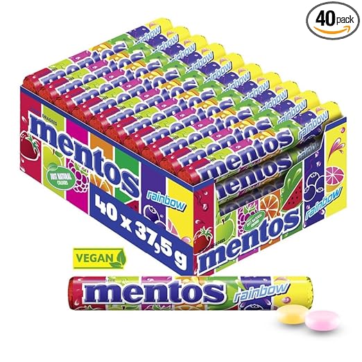 Mentos Rainbow, 40 Rollen, Orange + Erdbeer + Apfel + Heidelbeere + Himbeere + Melone + Grapefruit