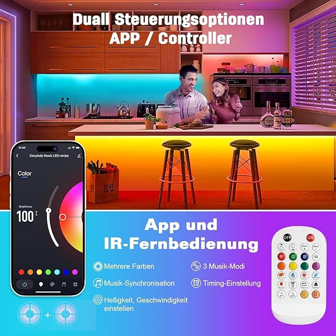 TOP PREIS: Lamomo RGB LED Strip 10m, APP Steuerung, Wasserdicht, Musik Sync 5 Duale Steuerung per Fernbedienung oder App