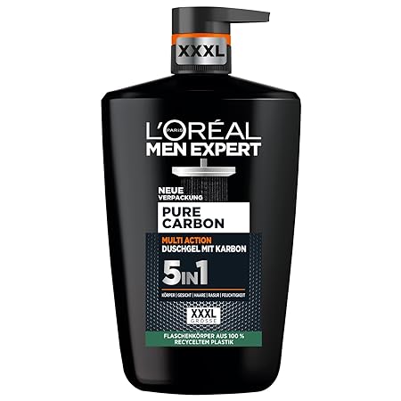 L'Oréal Men Expert XXXL 5in1 Duschgel und Shampoo für Männer, Zur Reinigung von Körper, Haar und Gesicht, Herren Duschbad mit Karbon, Pure Carbon, 1 x 1000 ml