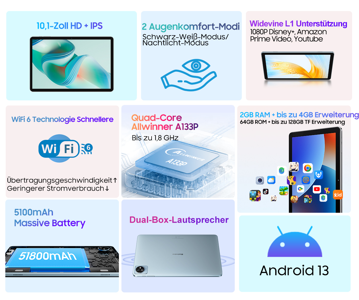 Blackview Tab 30 WiFi Tablet 10,1 Zoll Android 13 6GB+64GB FHD+ IPS Widevine L1 5 Tab30