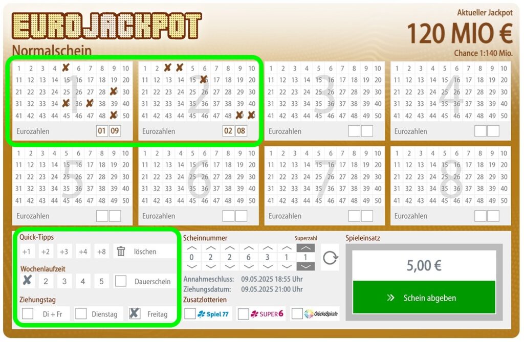 120 Millionen Euro im EuroJackpot am 09.05.25 – Spiele 2 Felder für 0€ statt 5€!