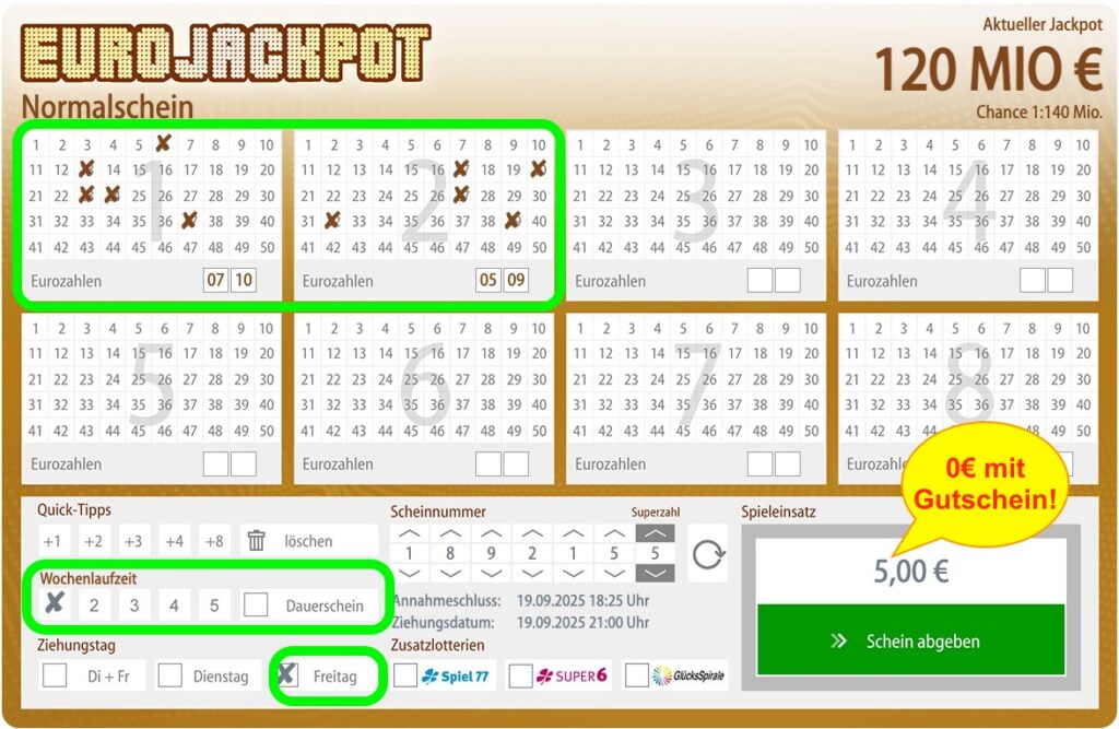 120 Millionen Euro im EuroJackpot am 19.09.25 – Spiele 2 Felder für 0€ statt 5€!
