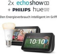 Das Smart-Home-Set- 2 x Echo Show 5 (2. Generation, 2021) + Philips Hue White Smart Bulb (E27)